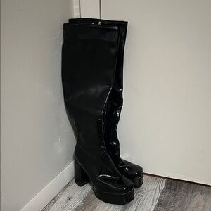 Black Patent Faux Leather Knee-High Boots